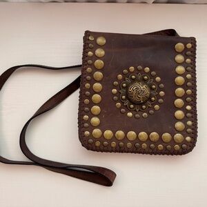 Patricia Nash Brown Leather Studded Satchel with Antique-Gold Accents